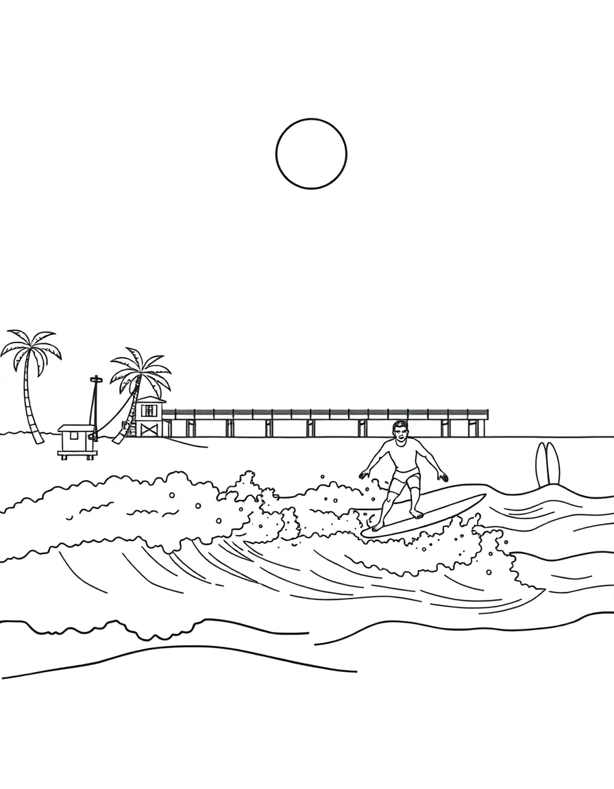 Two surfers riding foamy waves with the pier behind them. A lifeguard hut, surfboards in the sand, and tall palms line the beach under a bright sun.