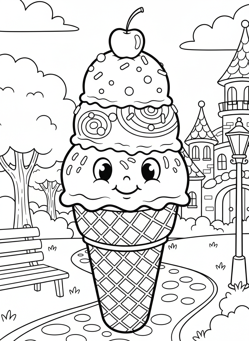 A smiling ice cream cone with three scoops of different flavors, topped with a cherry and sprinkles, simple line art for coloring.