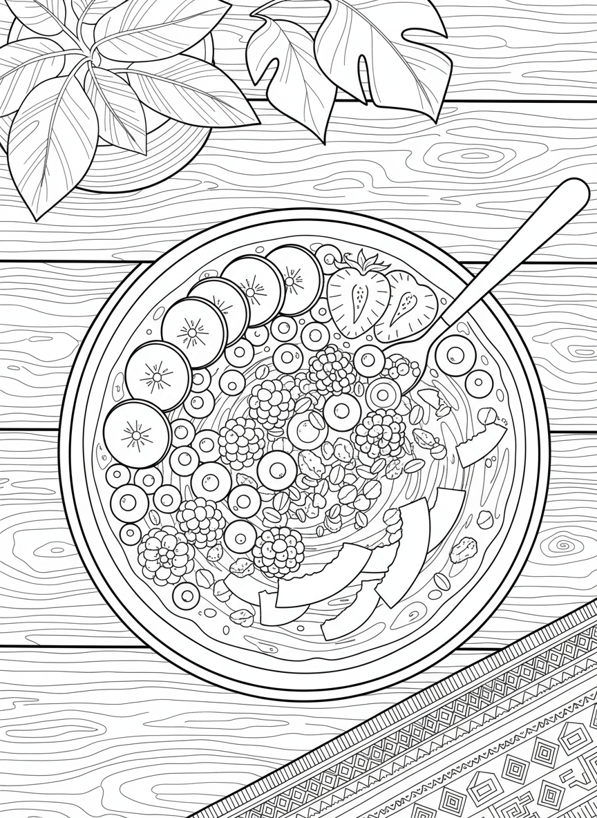 A smoothie bowl topped with sliced bananas, berries, granola, and coconut flakes, viewed from above.