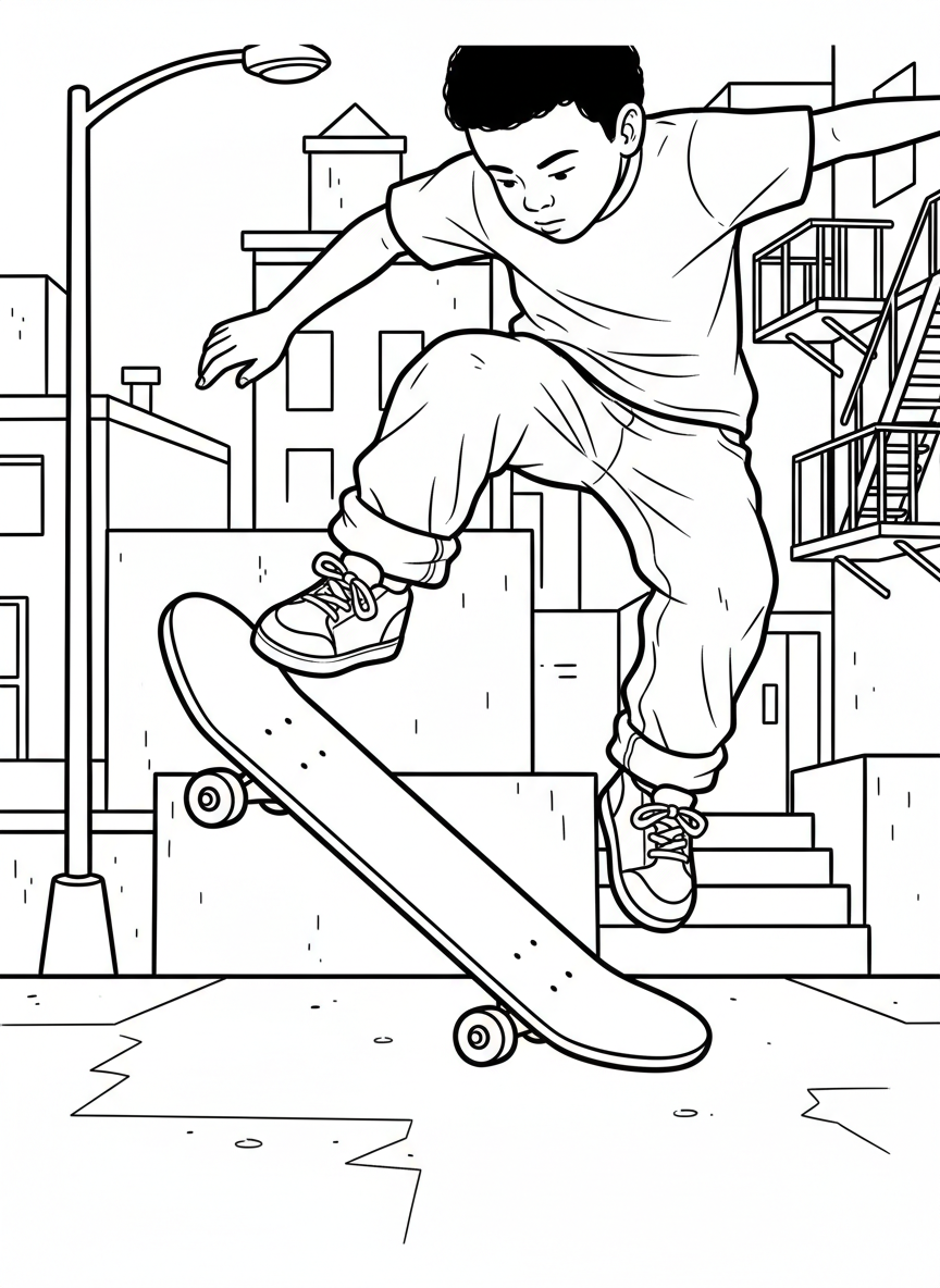 Close-up of a child doing a kickflip trick on a skateboard, sneakers visible, skateboard tilted at an angle, urban setting.