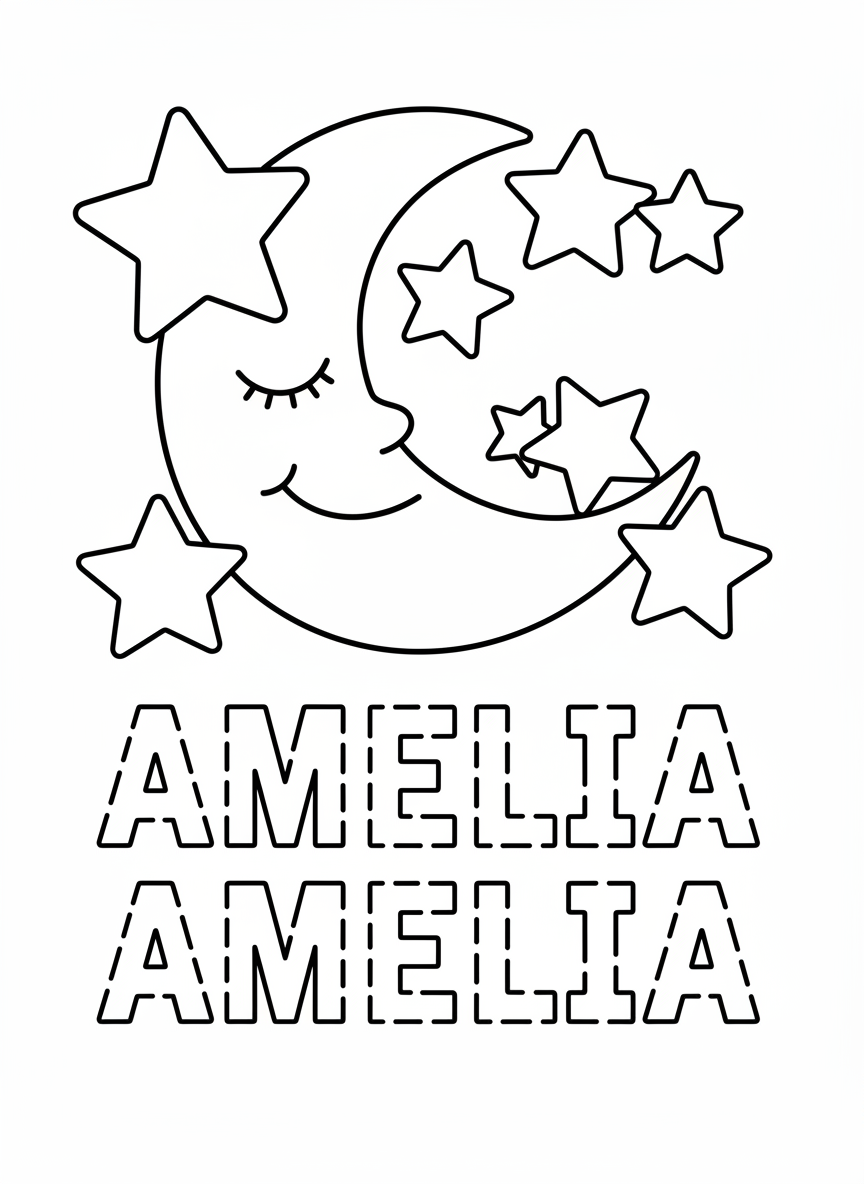 A smiling moon and stars design with three tracing rows below showing the name 'AMELIA' in dashed outline letters