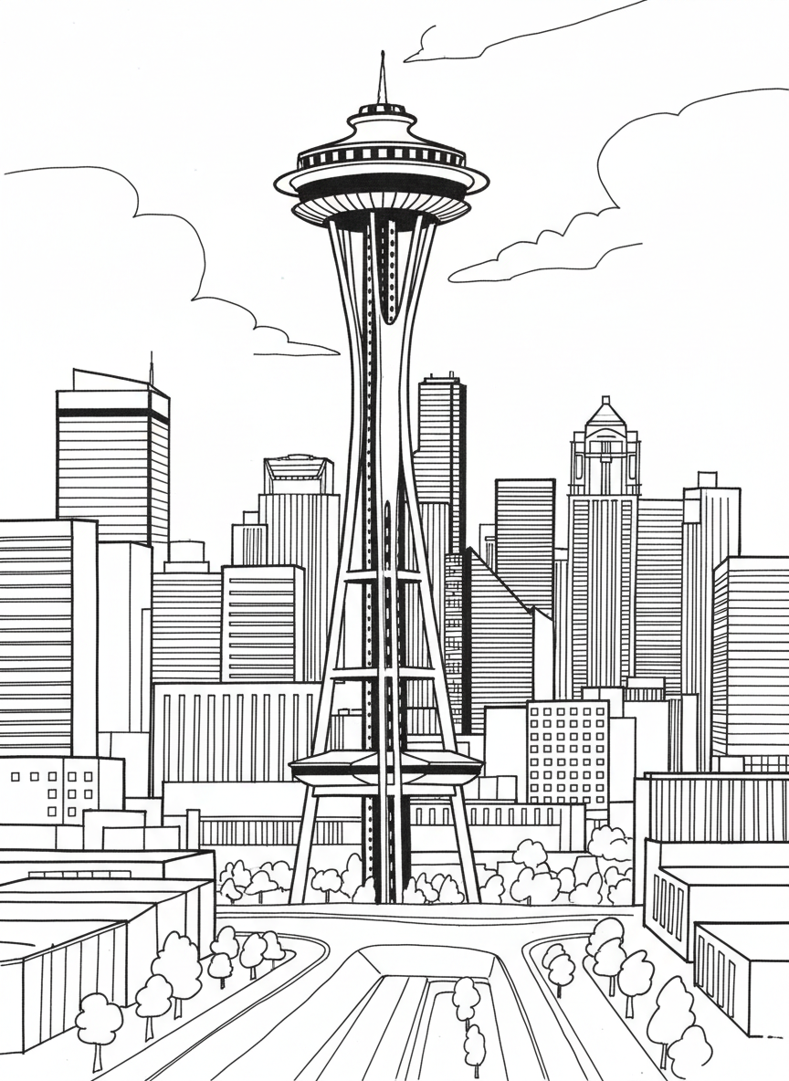 The Space Needle in Seattle with its distinctive flying saucer observation deck, tall spire and city buildings below.