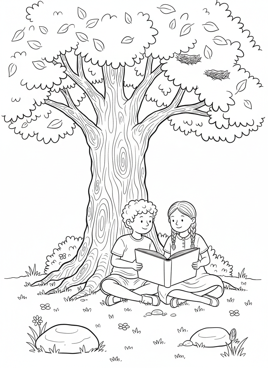 Two children reading a book together under a tree, sitting side by side with the book open between them.