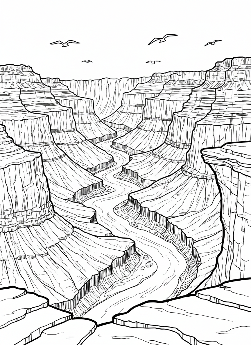A wide view of a grand canyon with layered rock formations, a winding river at the bottom, and a few birds soaring overhead.