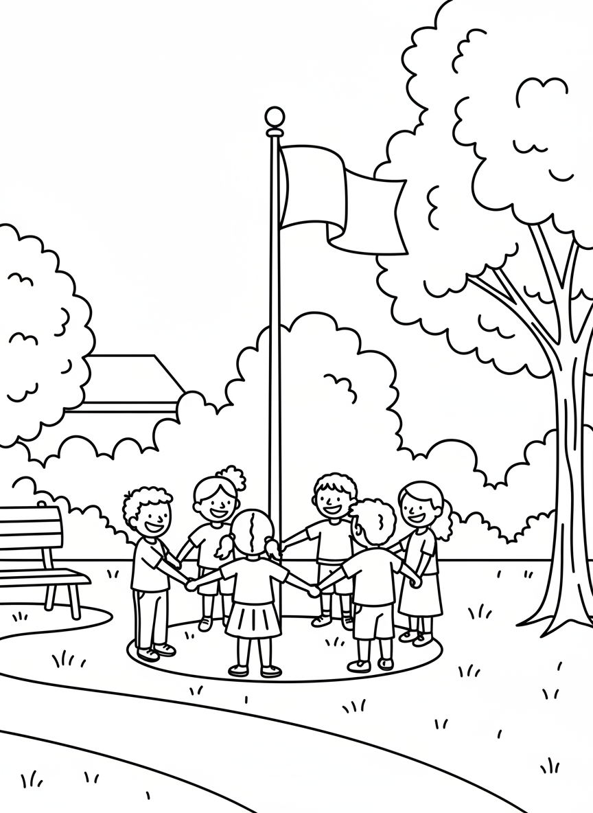 Children holding hands in a circle around a flagpole during a community event, with simple facial expressions.