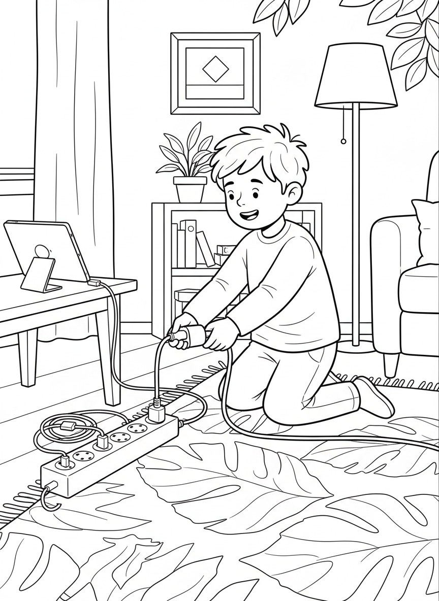 A smiling child unplugging electronic devices to save electricity, near a power strip with phone chargers and a tablet, in a cozy room.