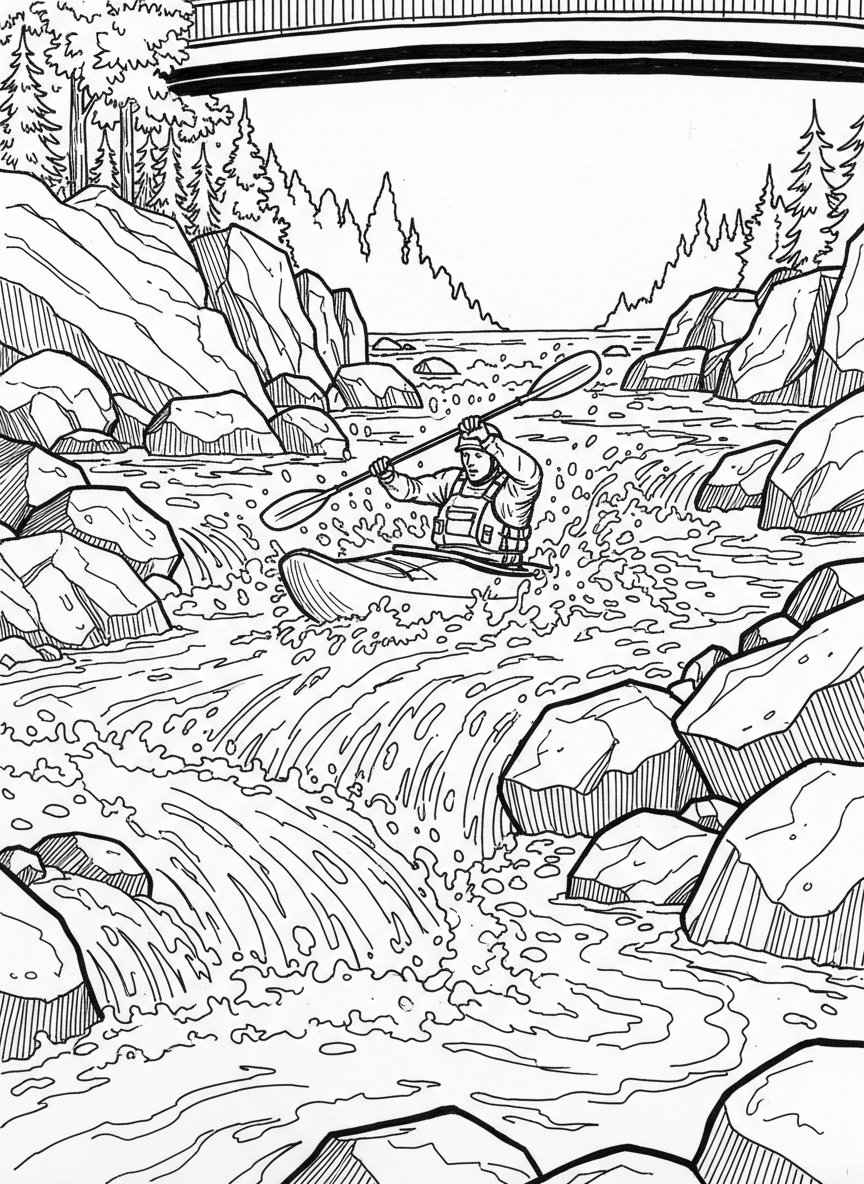 A kayaker paddling through whitewater rapids with splashing waves, rocks, and a safety helmet, inspired by the U.S. National Whitewater Center.