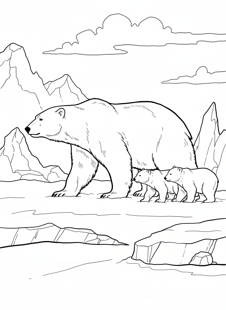 A polar bear mother walking with two small cubs following behind her across a snowy landscape with ice formations