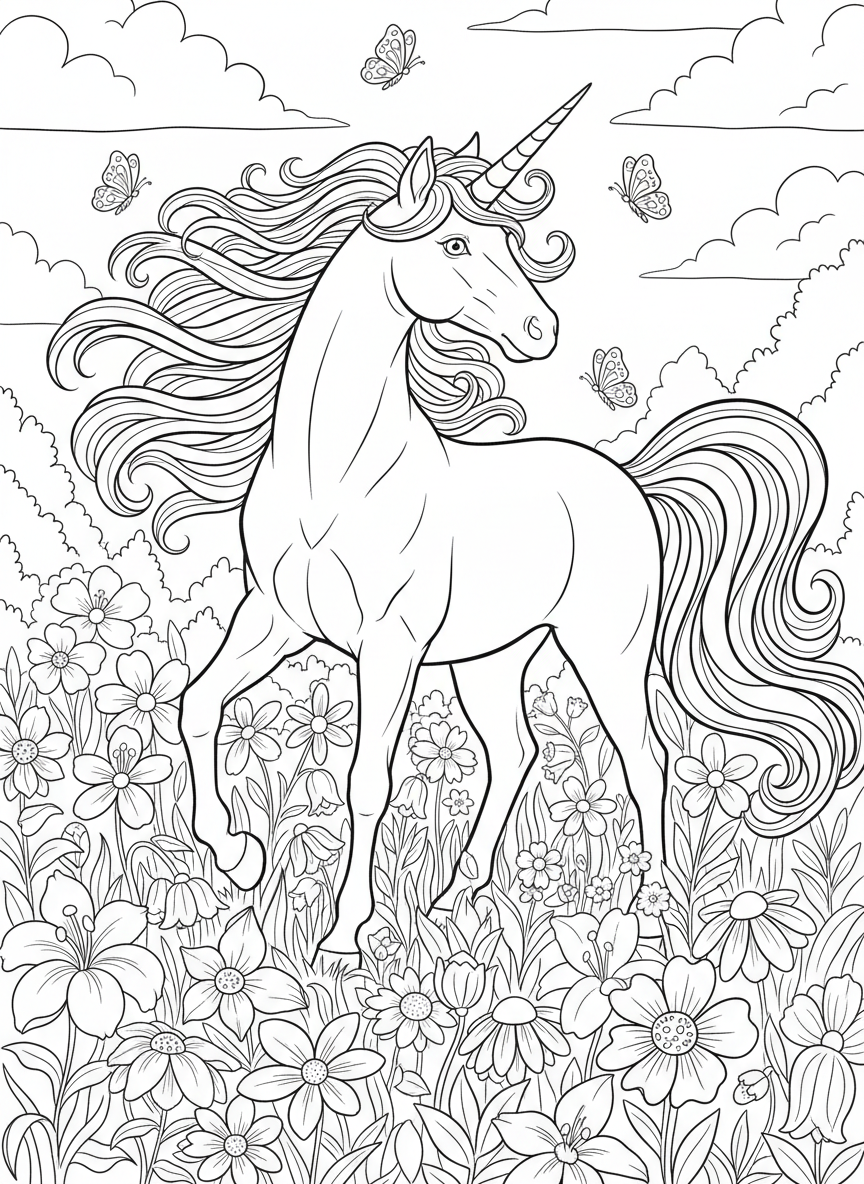 A graceful unicorn standing in a meadow filled with flowers, with a flowing mane and tail, and butterflies floating nearby.