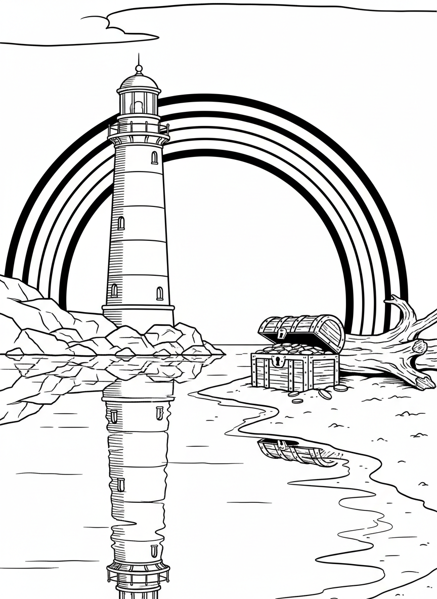 A lighthouse with a rainbow arching over it after a storm, calm waters reflecting the scene, and a treasure chest on the beach