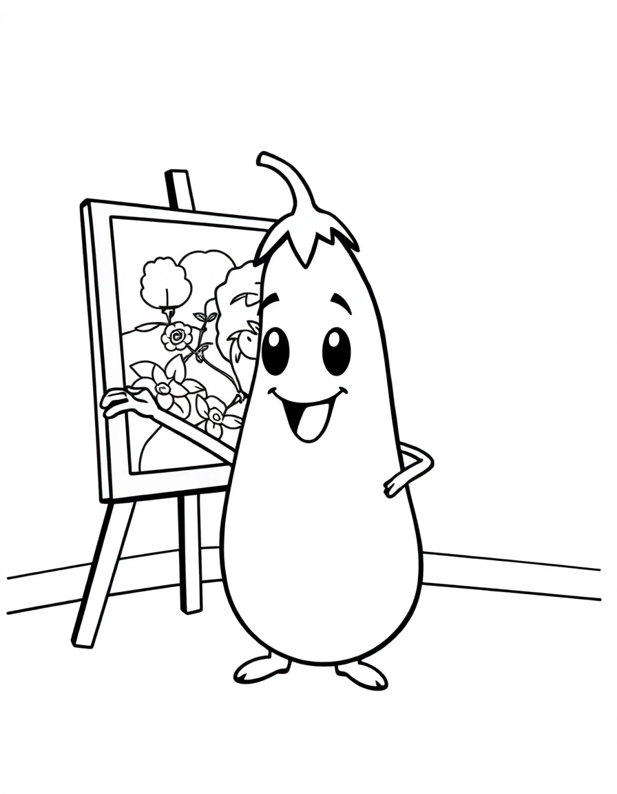 A proud eggplant showing off its painting at an art gallery.
