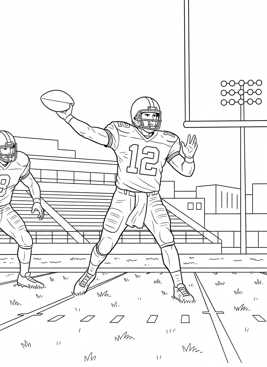 A quarterback throwing a football with arm extended, wearing jersey and helmet, dynamic action moment on the field.