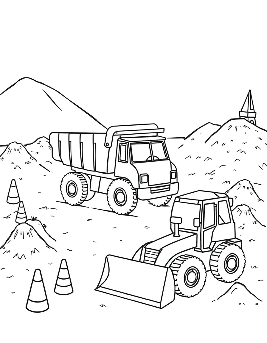A construction site with a dump truck, cement mixer, and bulldozer, lots of dirt piles and safety cones