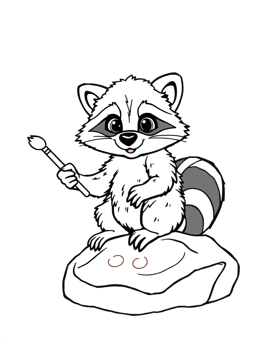 A mischievous raccoon holding a paintbrush, painting colorful swirls on a rock.