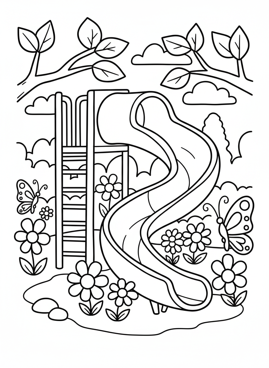 A curvy playground slide with a ladder, surrounded by flowers and butterflies, clean outlines perfect for young children