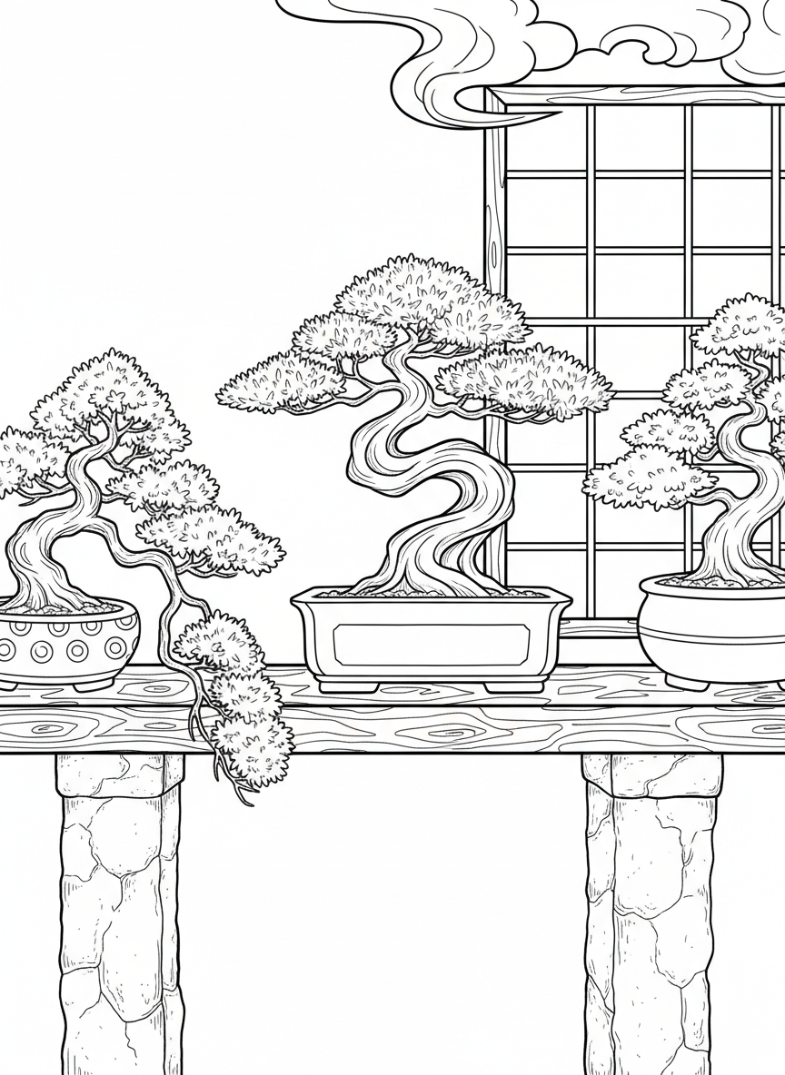 A collection of three different bonsai trees in various shaped pots arranged on a shelf, each with unique branch patterns.