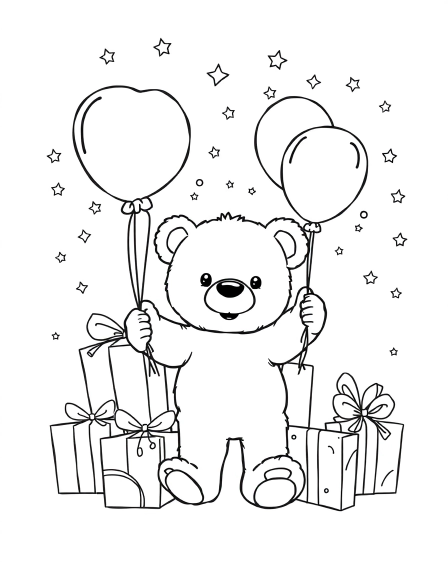 A teddy bear holding balloons among wrapped birthday presents, festive confetti and stars overhead