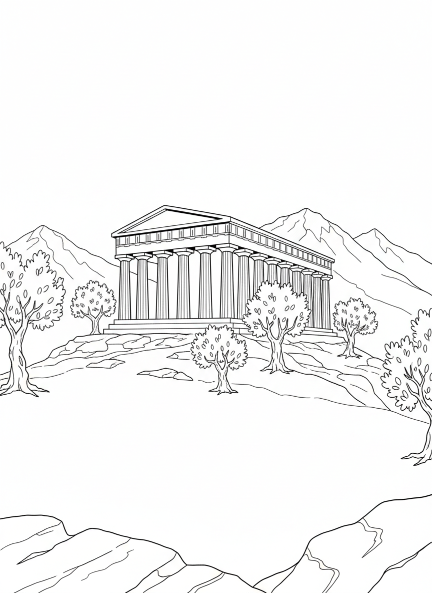 A Greek temple with tall columns on a hilltop, surrounded by olive trees and mountains in the distance, simple architectural details for coloring.