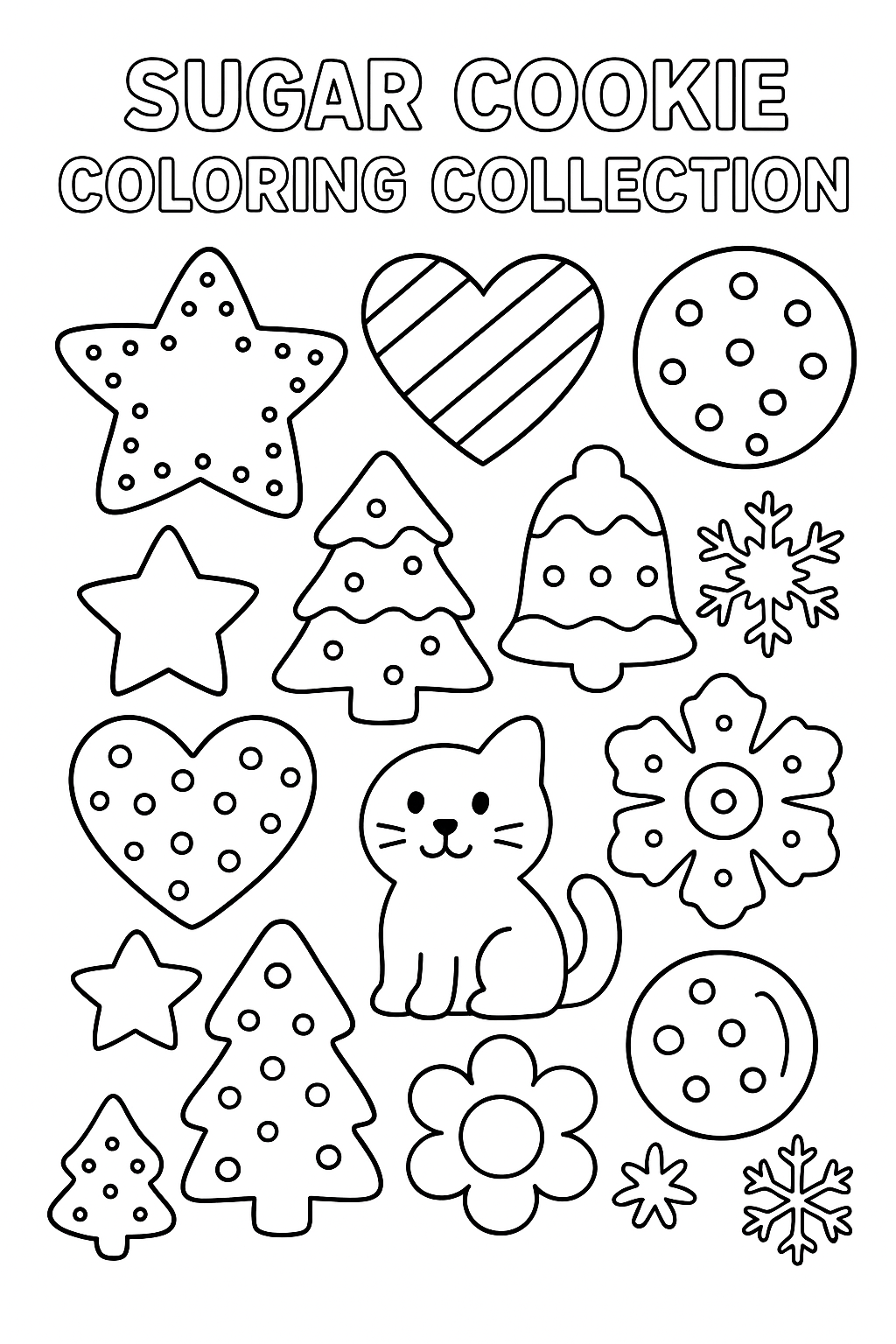 Sugar cookie coloring collection: stars, hearts, circles, trees, bells, snowflakes, animals, flowers, various sizes, decorating pattern ideas, thick black line art, template style for tracing
