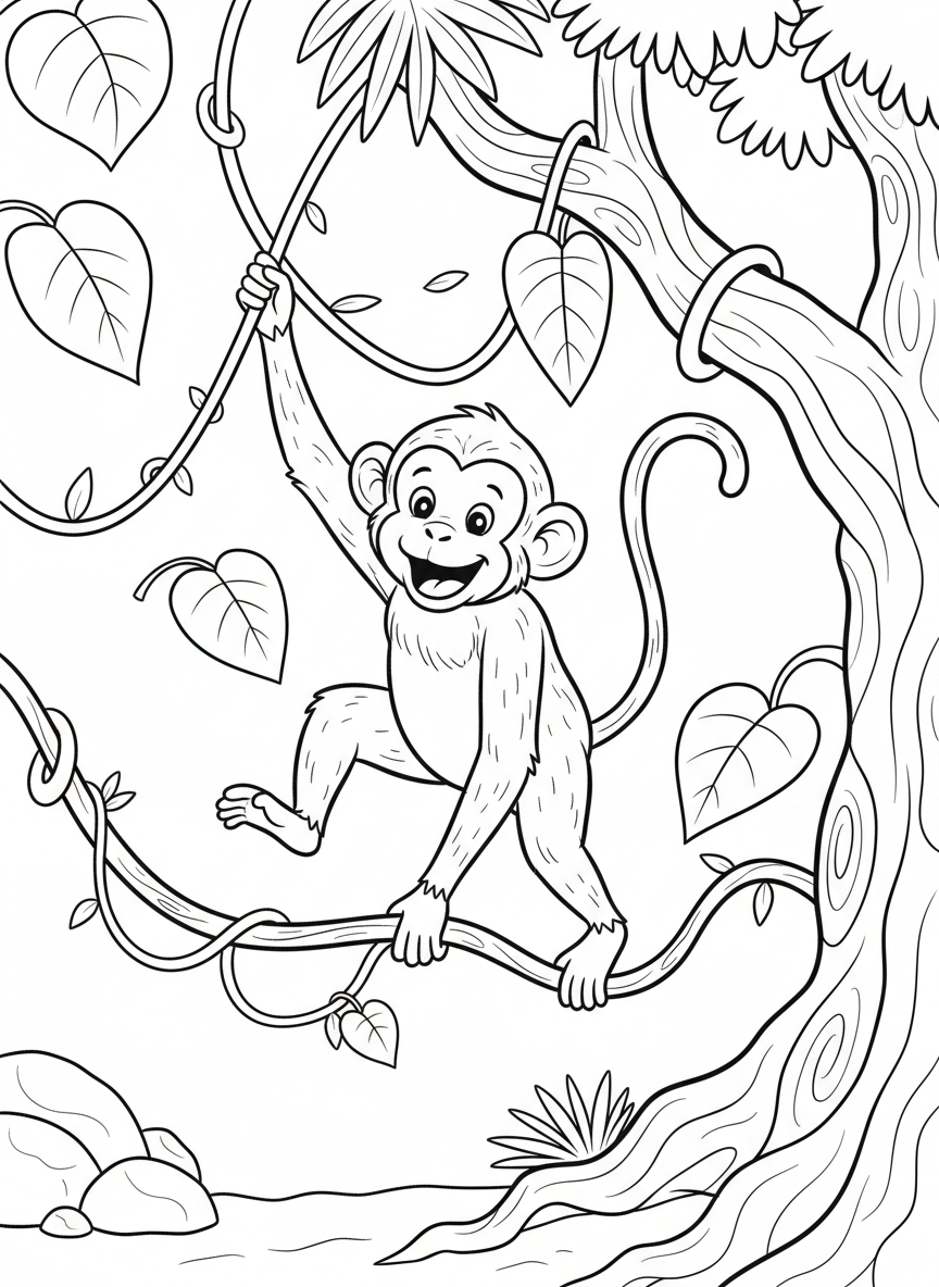 A playful monkey swinging from vines and tree branches at the zoo, dynamic composition with leaves