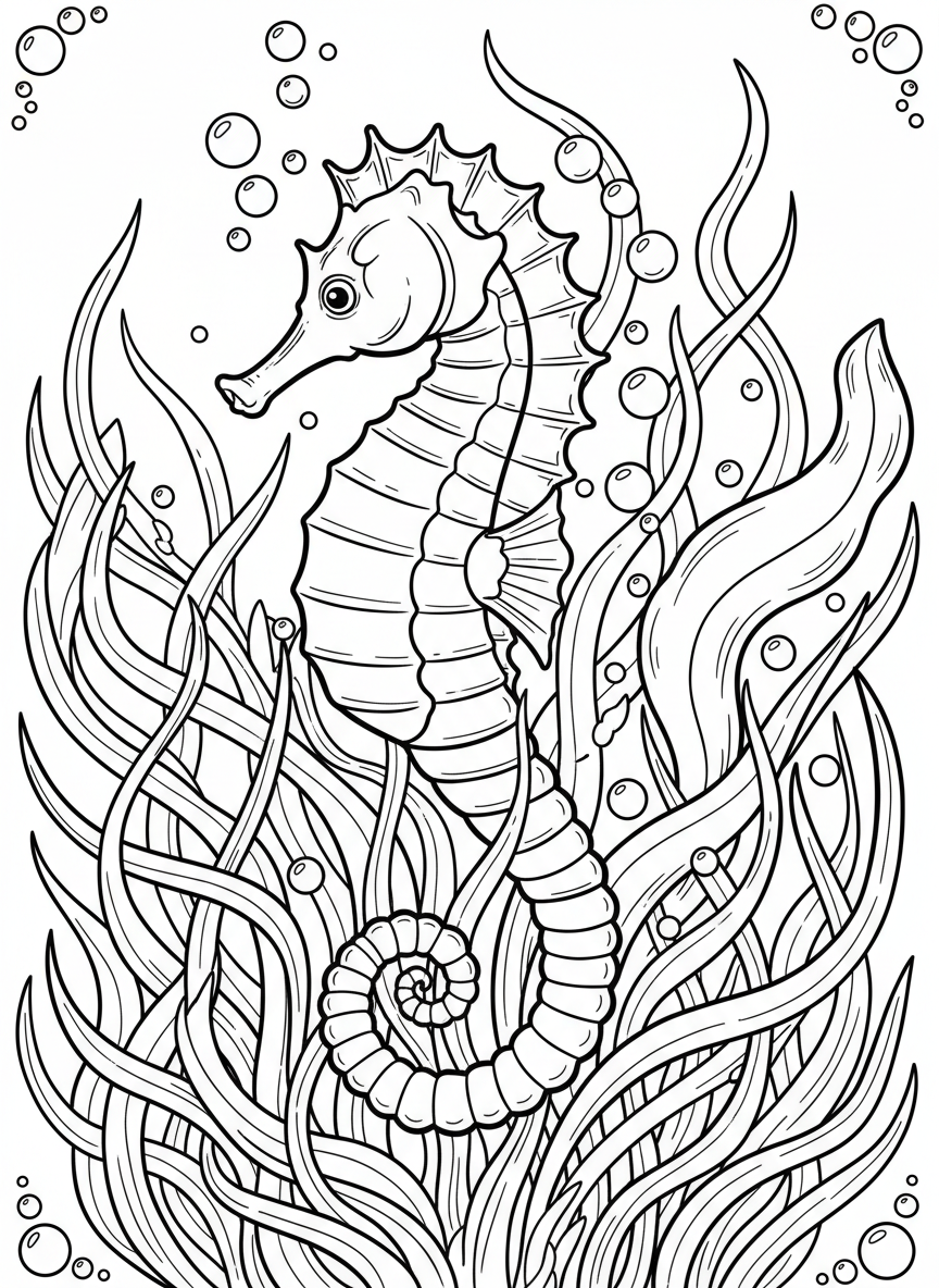 A sea horse wrapped around a kelp stem, surrounded by flowing eelgrass and tiny bubbles, whimsical composition