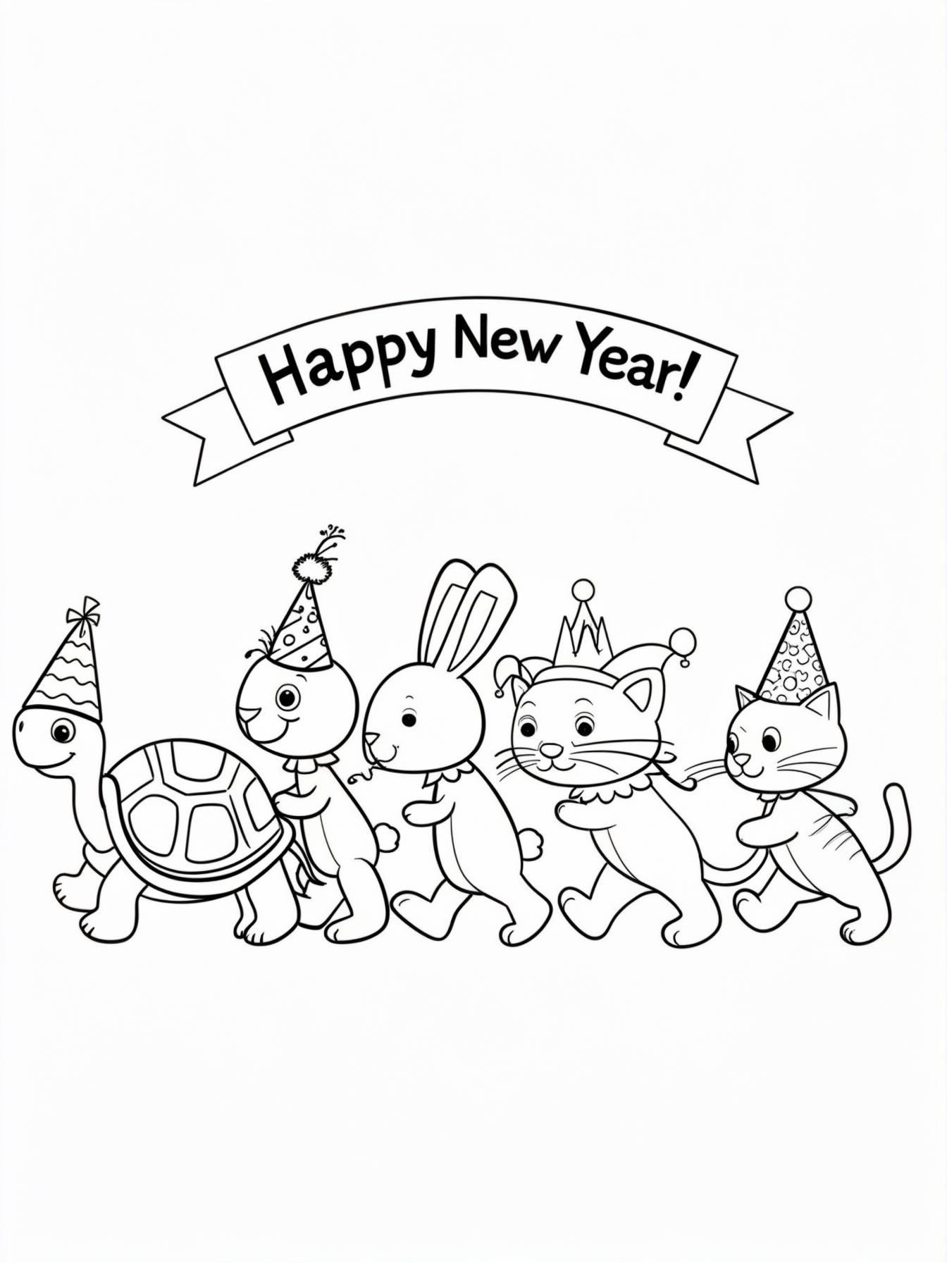 Party Hat Parade: A line of different animals (turtle, rabbit, cat) marching, each wearing a unique, funny party hat (cone, crown, jester hat) and a banner above them written "Happy New Year!"