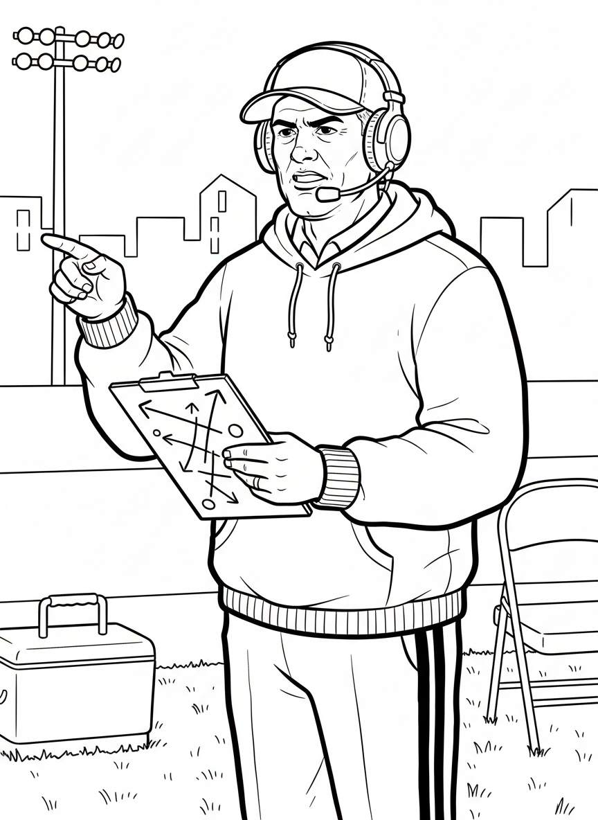 A football coach holding a clipboard with play diagrams, wearing a headset and cap, sideline leadership moment