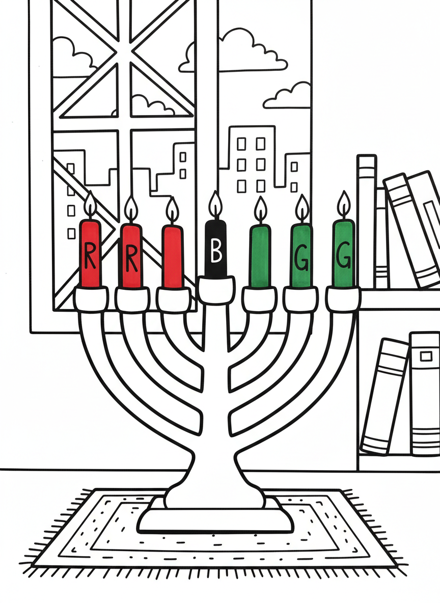A traditional Kinara candle holder with seven candles, three red on the left, three green on the right, and one black in the center, simple line art with clear outlines.