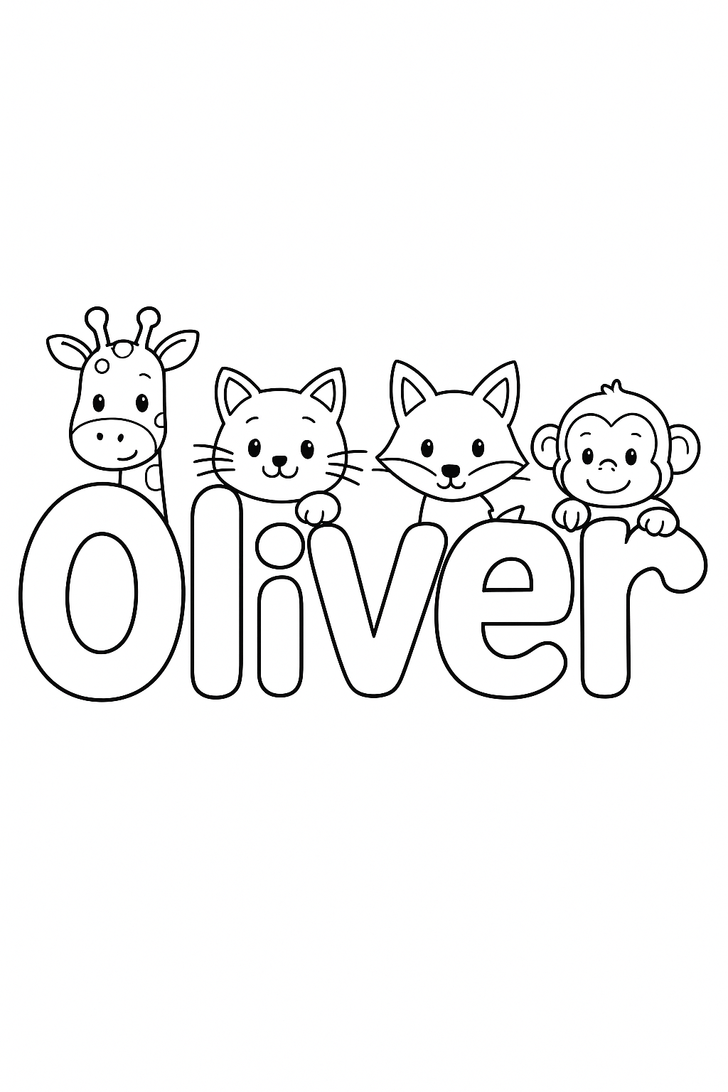 The name “Oliver” in bubble letters with cartoon animals peeking out of each letter. make the name all on one line, capitalize only the first letter
