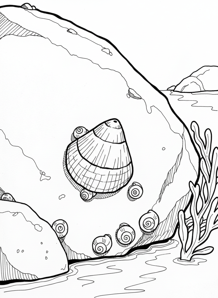 A limpet and several periwinkle snails clinging to a wet rock at low tide.