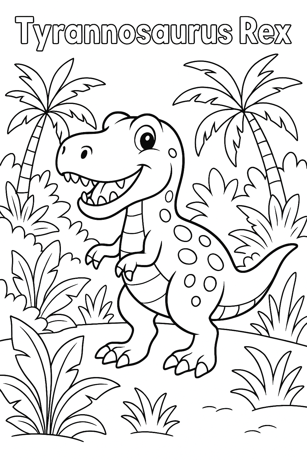 A friendly Tyrannosaurus Rex with a big smile, standing in a jungle. The word "Tyrannosaurus Rex" is written at the top, nothing else is written
