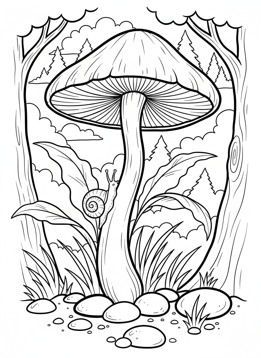 A single elegant mushroom with a tall stem and umbrella-like cap, with a snail climbing up the side.