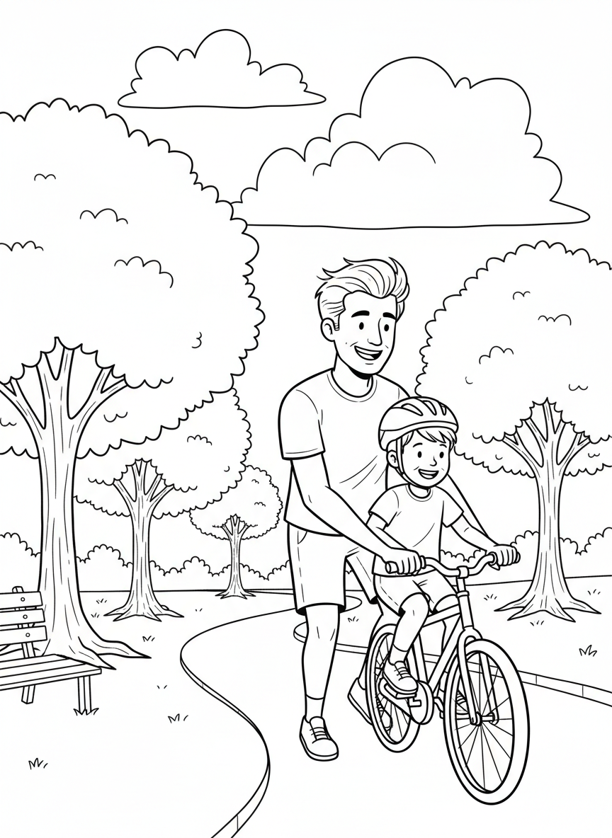 A dad teaching a child to ride a bicycle in a park with trees and clouds in the background