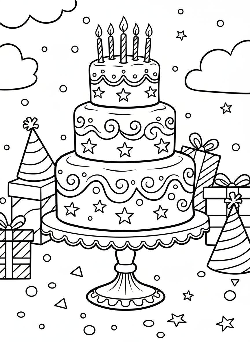 A three-tiered birthday cake with candles on top, decorated with stars and swirls, sitting on a fancy cake stand with confetti scattered around.