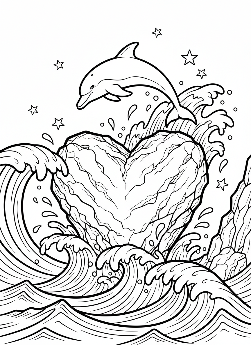 A heart-shaped rock with a playful dolphin jumping over waves, surrounded by water splashes and tiny stars