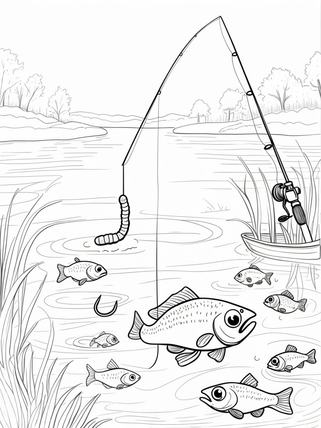 Fishing Fun: A line cast into the water where the fish below are looking at the worm with curiosity rather than fear.