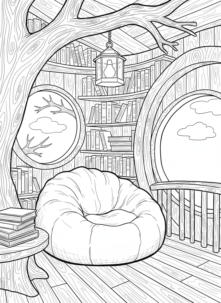 A cozy reading nook treehouse filled with books on shelves, a beanbag chair, and a lantern hanging from the ceiling