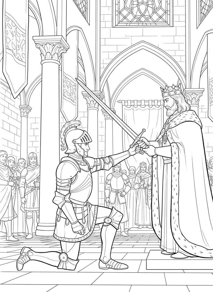 A knight kneeling before a king who is holding a sword for a knighting ceremony, inside a grand castle chamber.