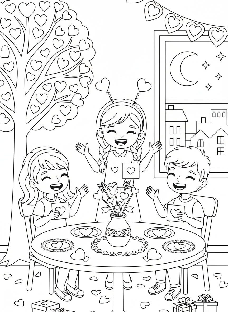 Valentines Day coloring page prompts celebrating love, connection, kindness, and heartfelt moments.	Friends celebrating Valentine’s Day together, chatting and laughing around a decorated table.