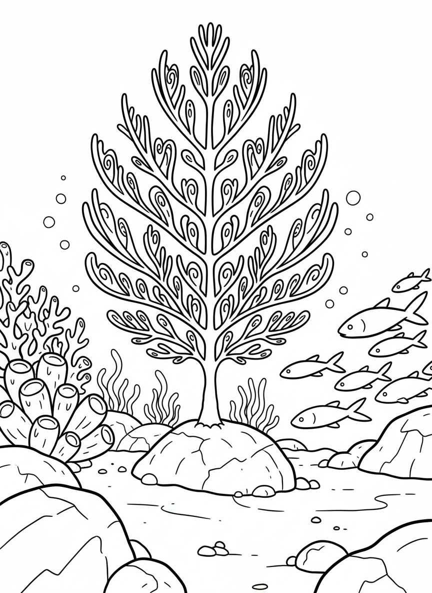 An underwater scene with a glowing sea pen anchored to the ocean floor, its feather-like polyps extended and creating a tree-like appearance.