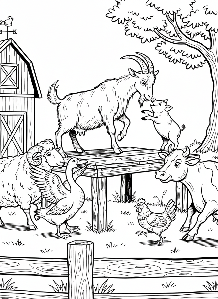 A goat standing on a wooden platform with other farm animals below, showing playful farm animal behavior.