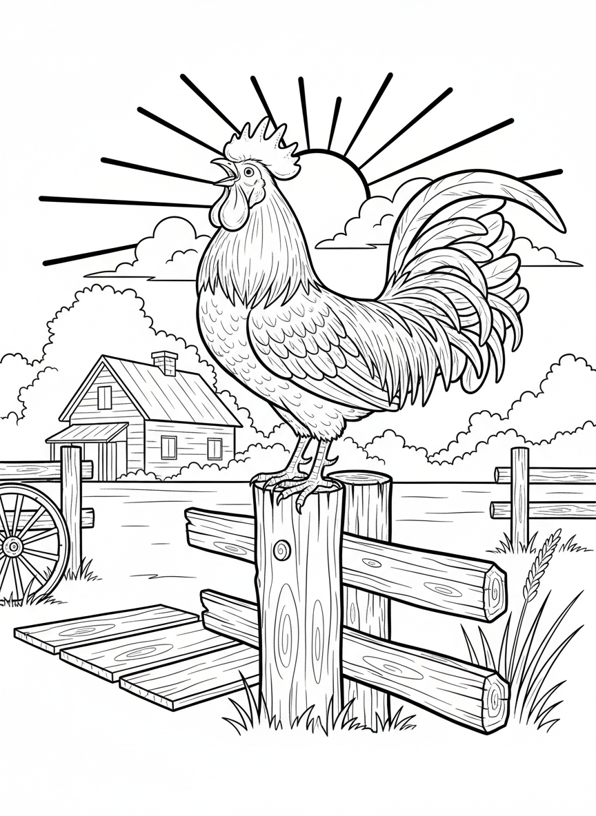 A rooster crowing on top of a wooden fence post at sunrise, with a farmhouse in the distance.