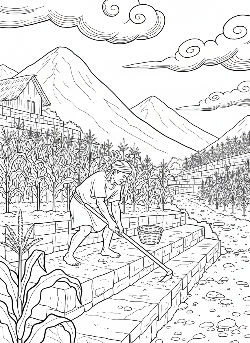 A Mayan farmer tending to corn crops in terraced fields, with traditional farming tools and mountains visible in the background.