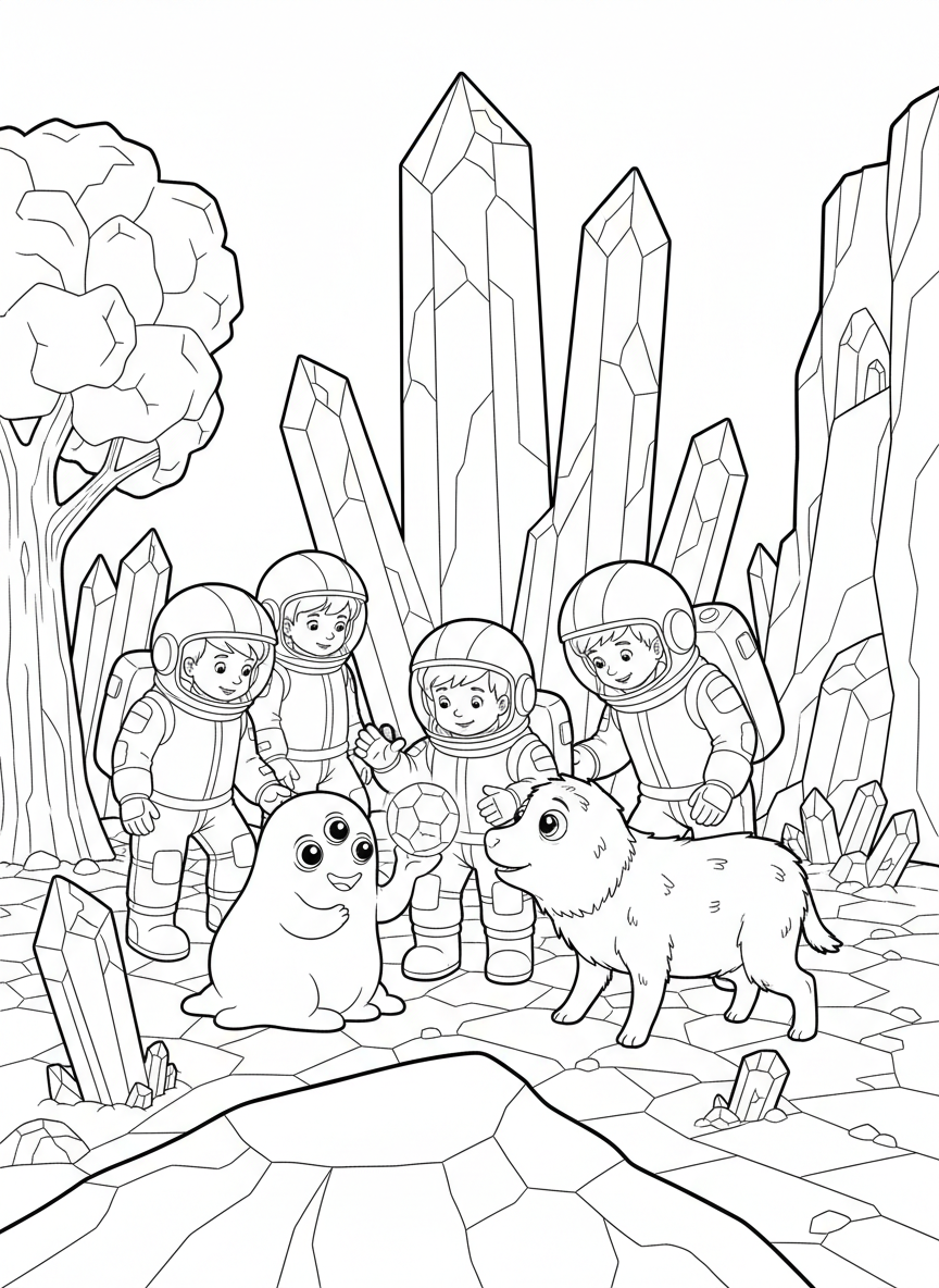 Children in spacesuits exploring a colorful alien landscape with friendly-looking unusual creatures and geometric crystal formations