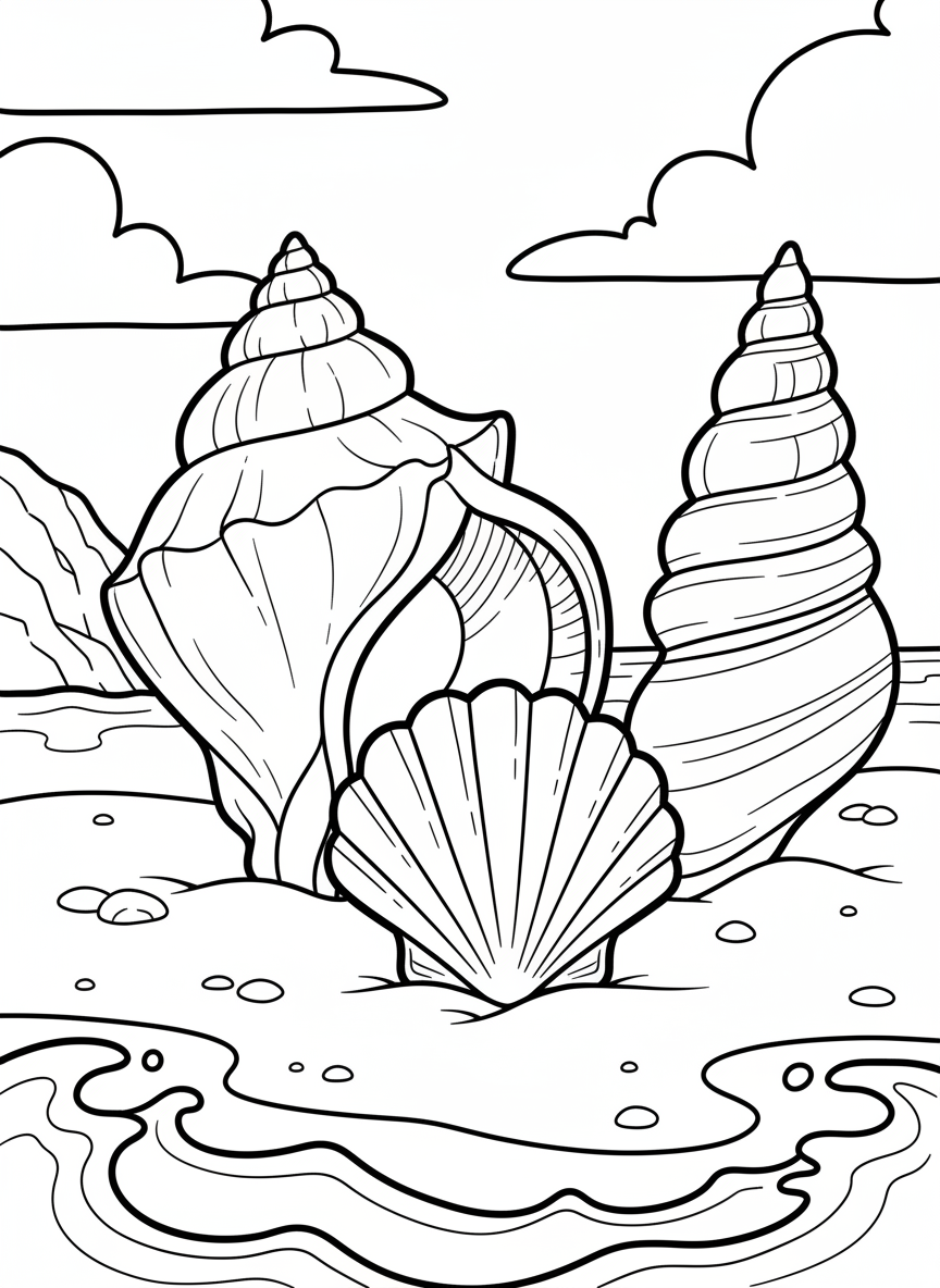 Coloring page featuring exactly 3 large sea shells of different types (conch, scallop, spiral) on a beach with small wave lines.