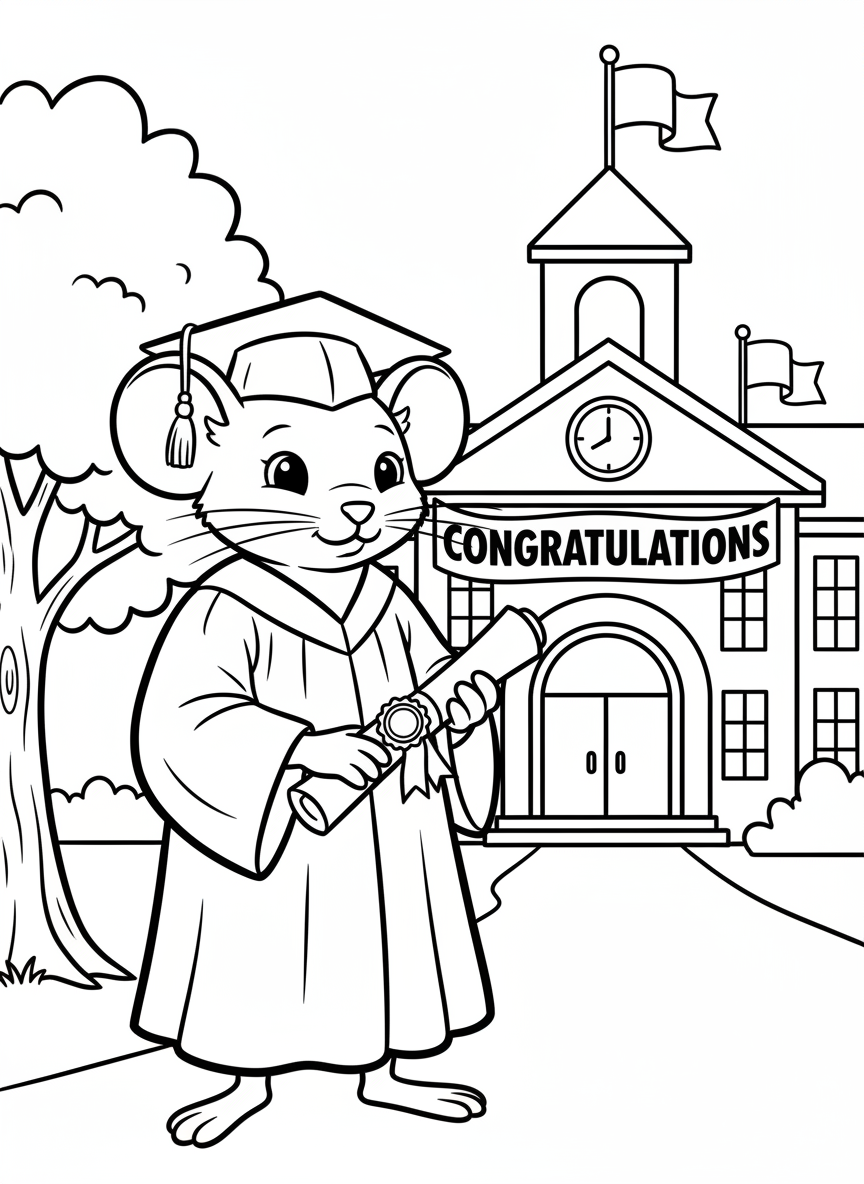 A graduate mouse holding a diploma while standing in front of a school building with flags and a congratulations sign.