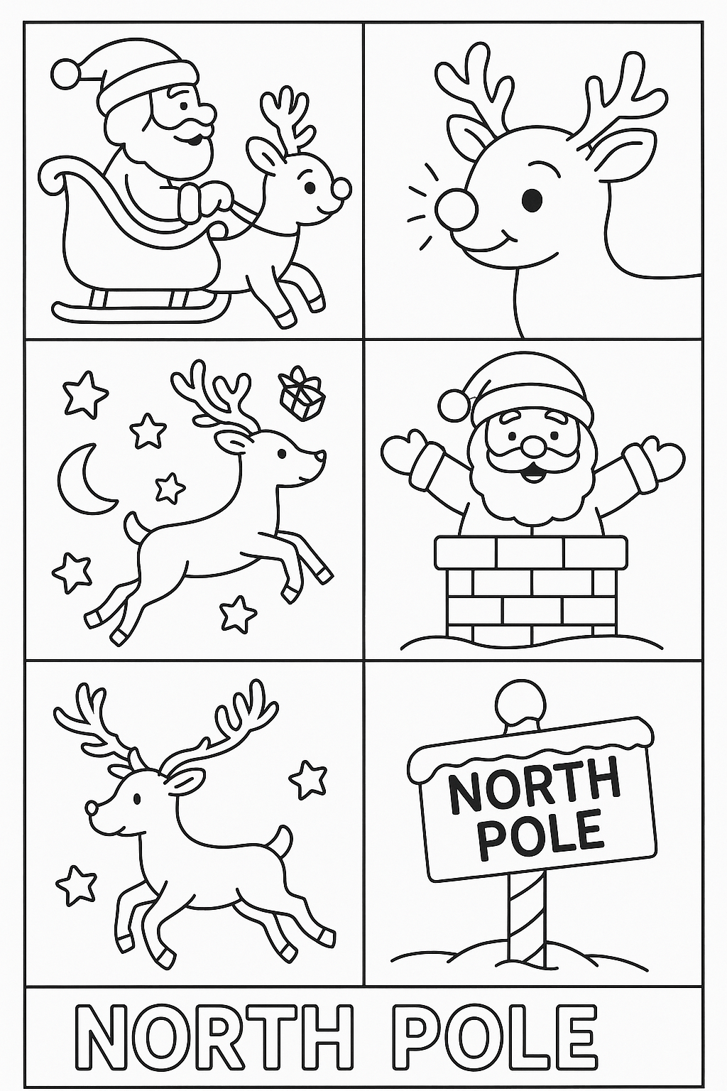 Coloring page grid: Santa in sleigh, Rudolph with glowing nose, reindeer flying poses, presents falling, moon and stars, chimney scene, North Pole sign, thick black outlines only, no shading, 6-panel grid layout for kids