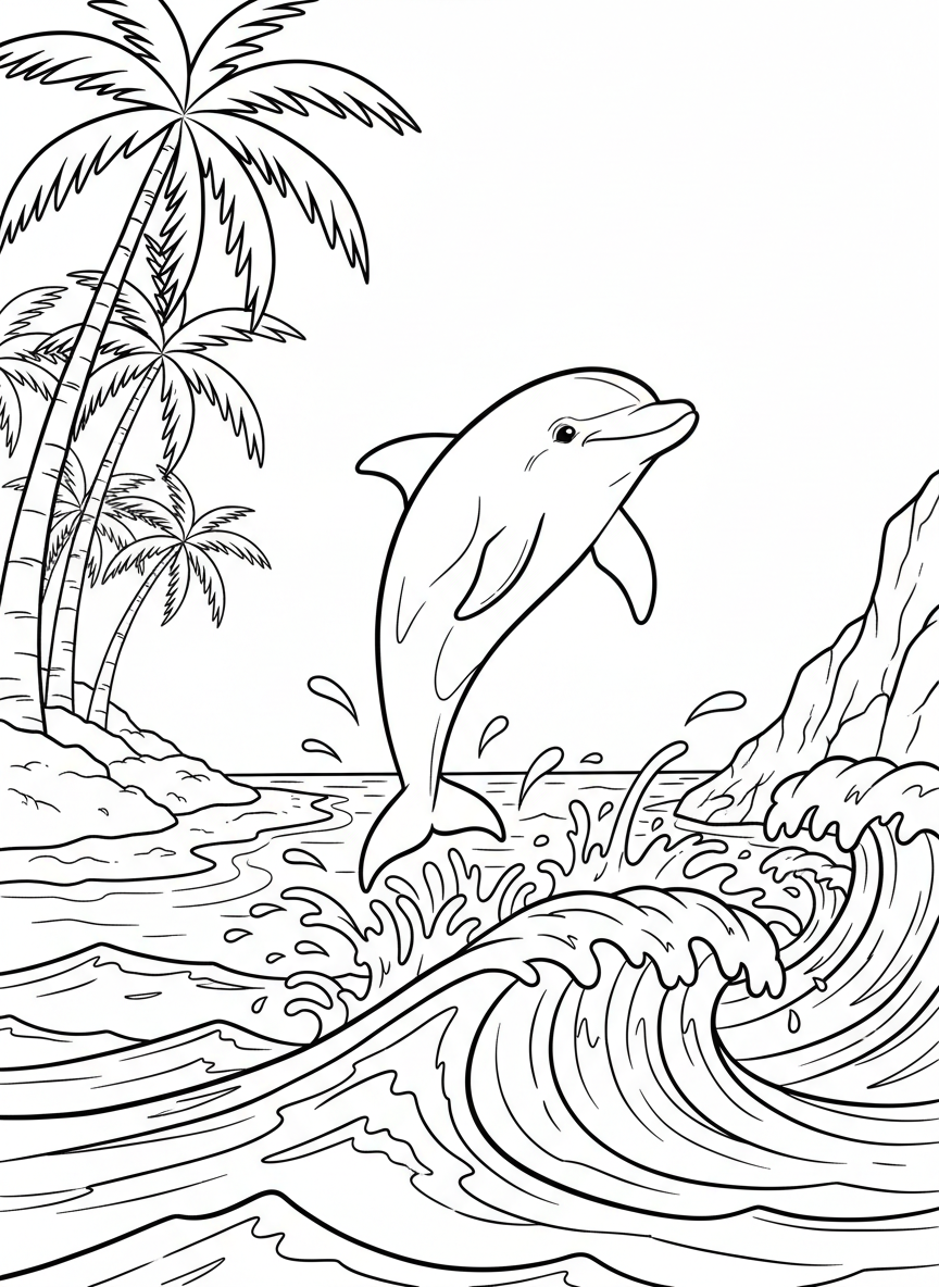 A playful dolphin jumping out of sparkling ocean waves near a tropical island with palm trees visible on the shore.