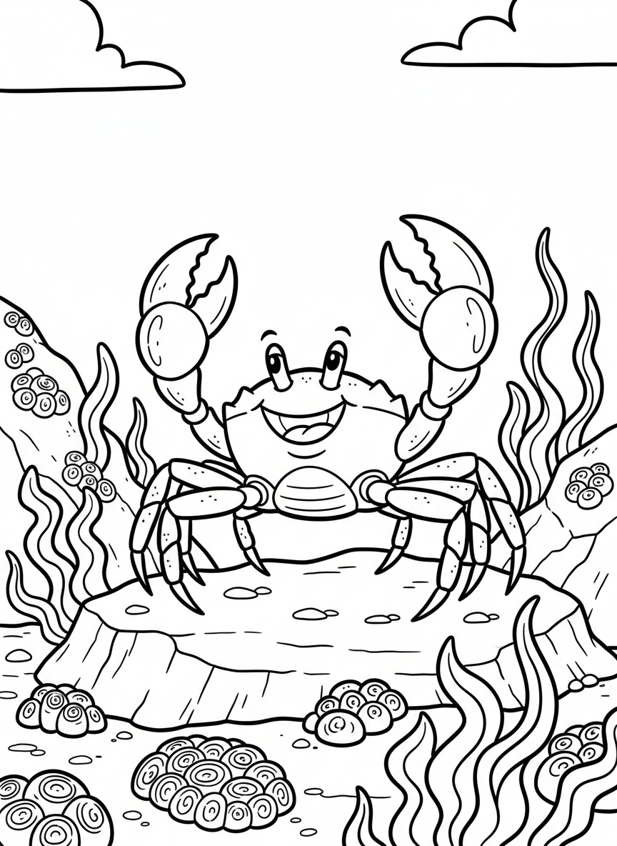 A close-up of a smiling crab with large claws raised up, standing on a flat rock with barnacles and seaweed nearby.