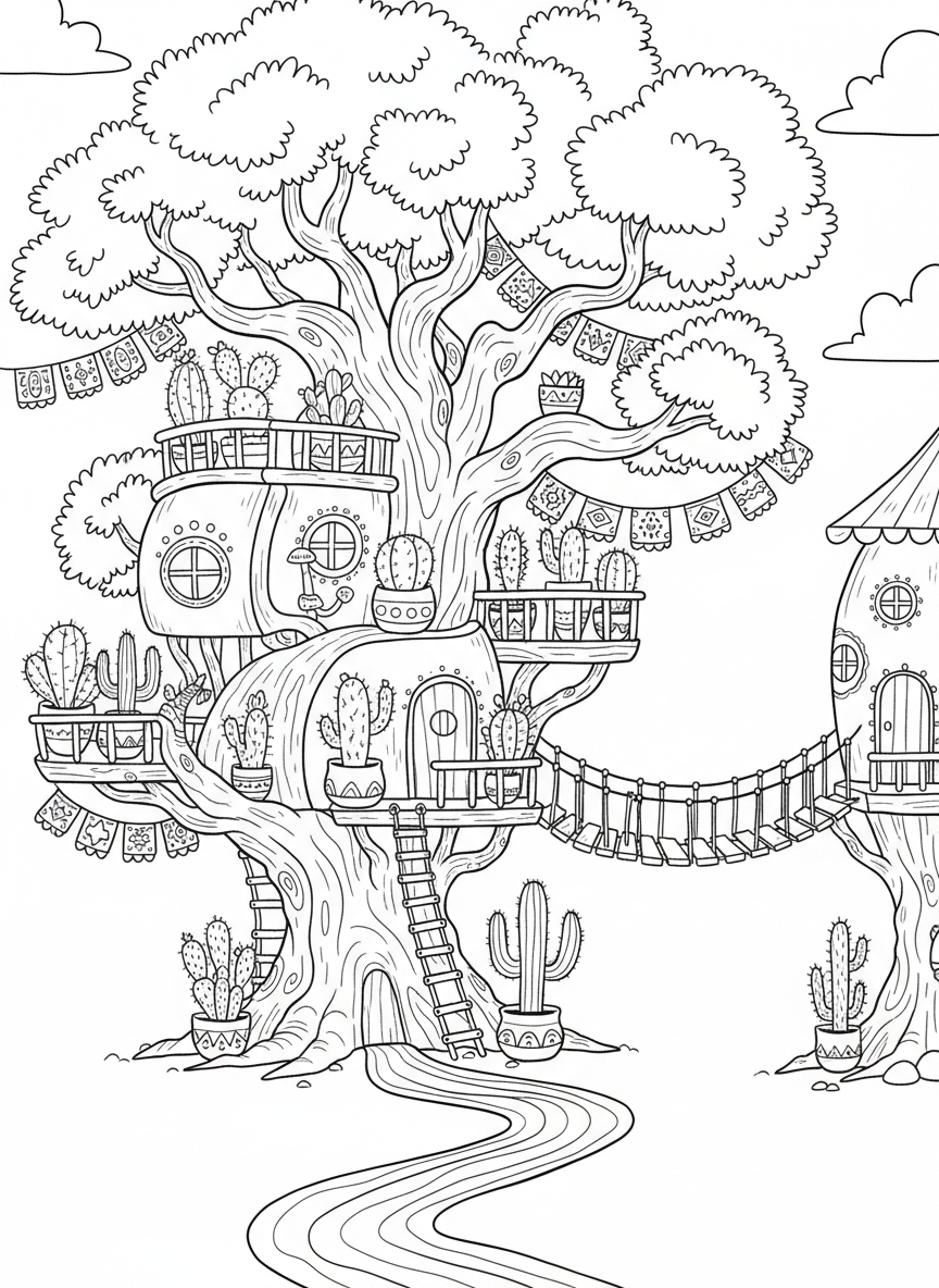 A Mexican fiesta treehouse decorated with papel picado banners, bright painted walls, and clay pots with cacti, set in a large mesquite tree.
